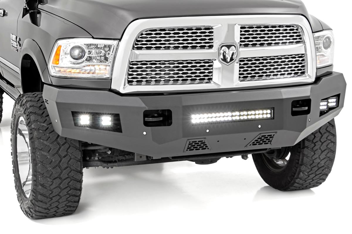 Ram 3500 Front Bumper - Rough Country - LED with 4 LED Cubes and 20in LED Light Bar - Flat Black - '11-'18 Ram 3500 Front Bumper - Rough Country - LED with 4 LED Cubes and 20in LED Light Bar - Flat Black - '11-'18